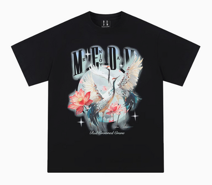 MEDM White Ink Crane Printed Short-sleeve T-shirt