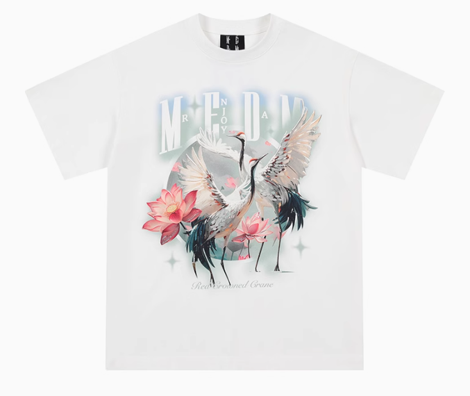 MEDM White Ink Crane Printed Short-sleeve T-shirt