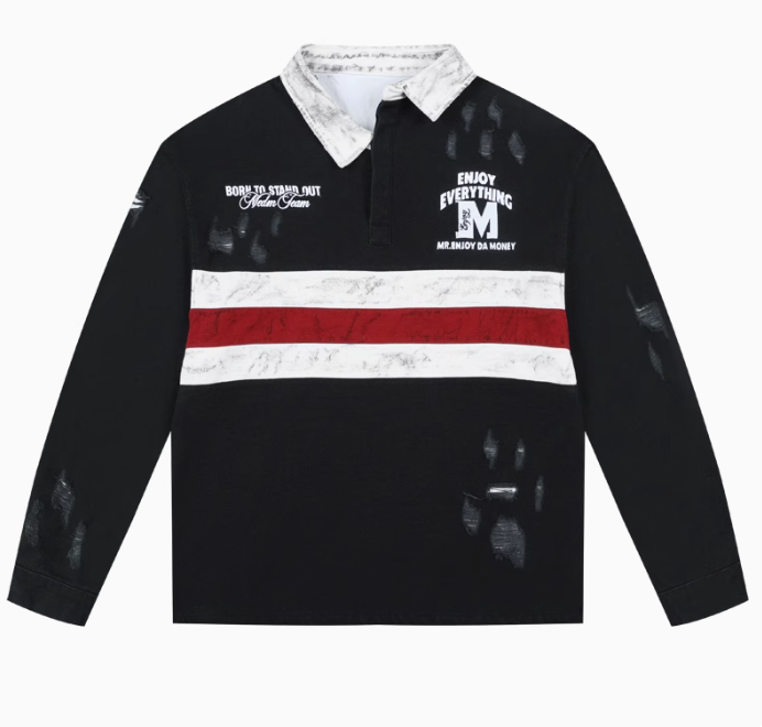 MEDM Contrast Color Striped Polo Long-sleeve T-shirt