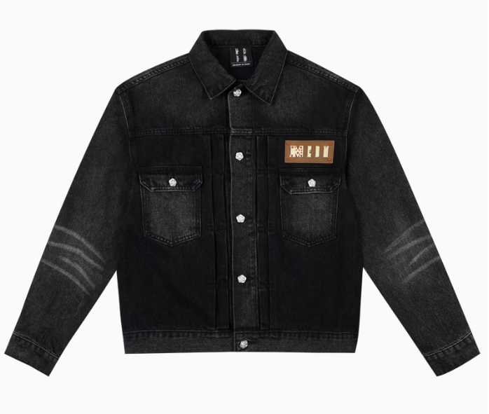 MEDM Leather Patch Distressed Washed Denim Jacket