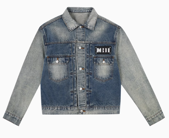 MEDM Leather Patch Distressed Washed Denim Jacket