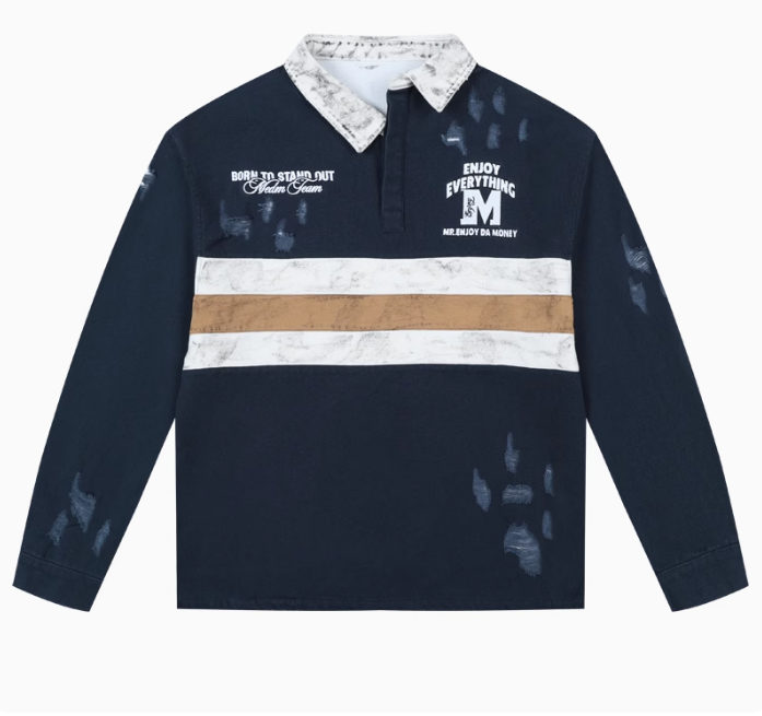 MEDM Contrast Color Striped Polo Long-sleeve T-shirt
