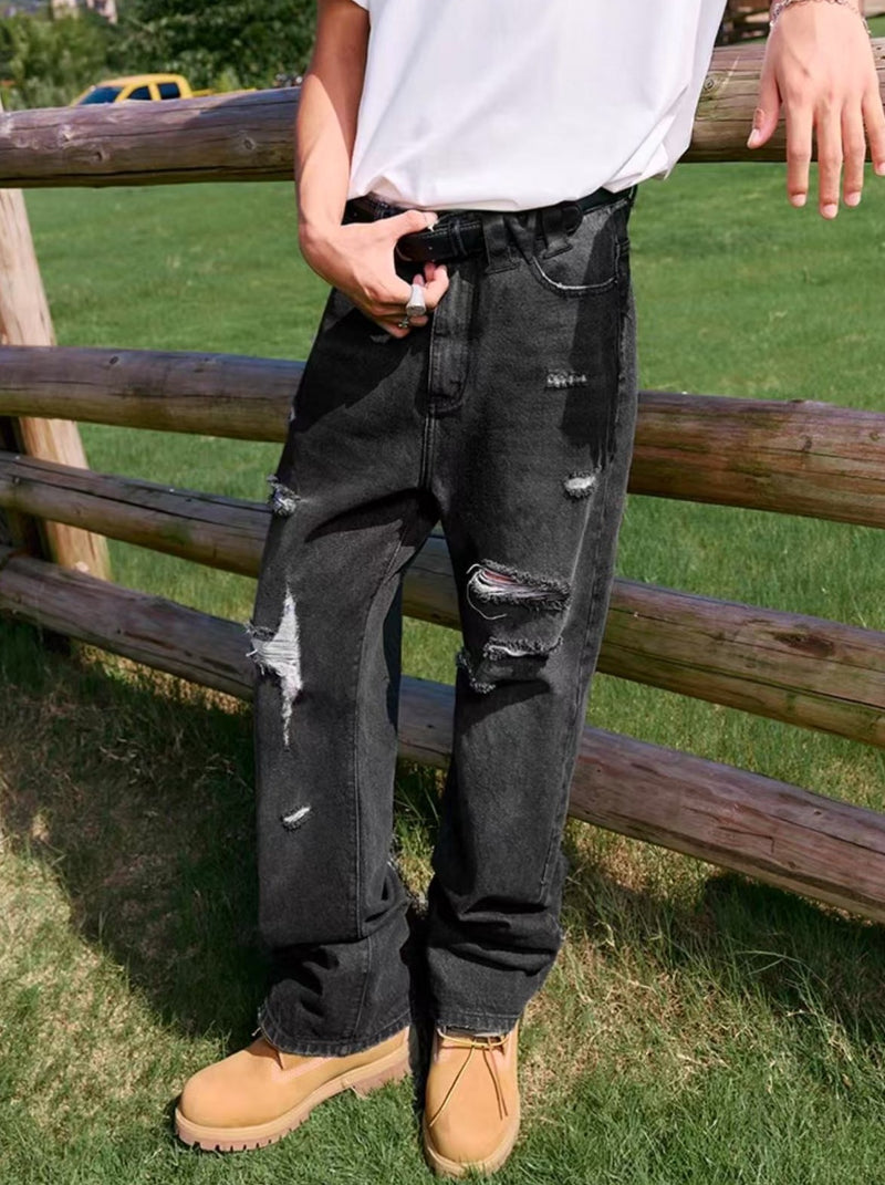 MEDM Large Letter Patch Leather Washed Ripped Jeans