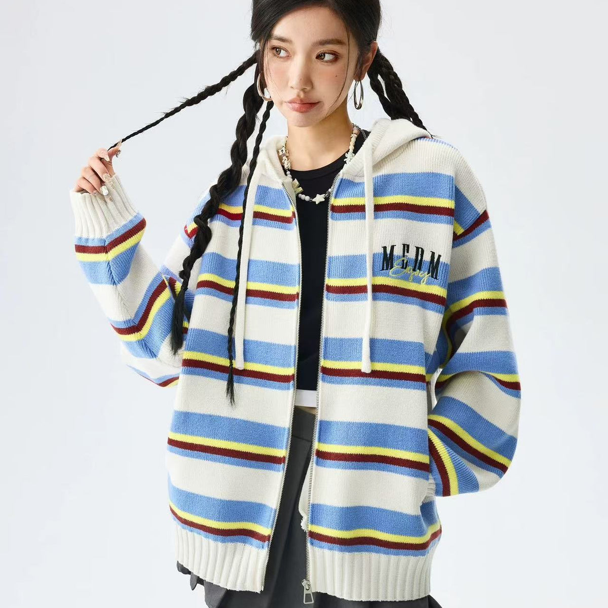 MEDM Color Striped Hooded Sweater