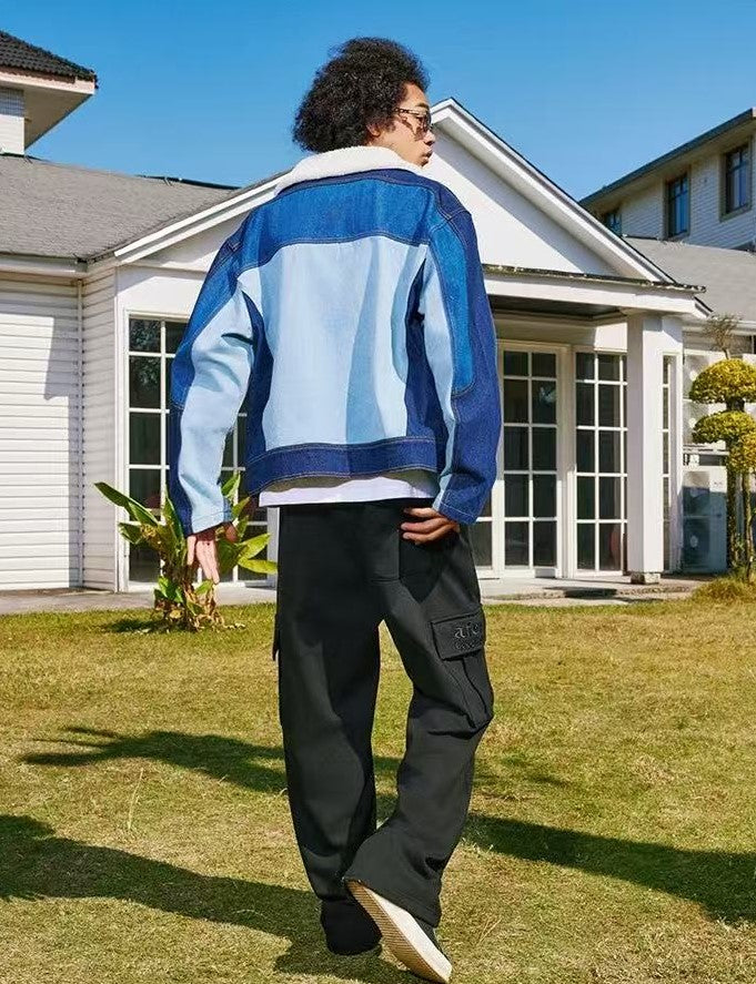 AFGK Spliced Fur Collar Denim Letter Embroidery Jacket