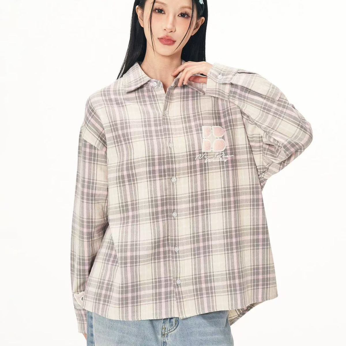 BIPOLAR Fleece patchwork Brushed Contrast plaid Tops
