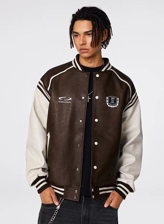 ACHOCK Logo Embroidered Retro Color Block Baseball Leather Jacket