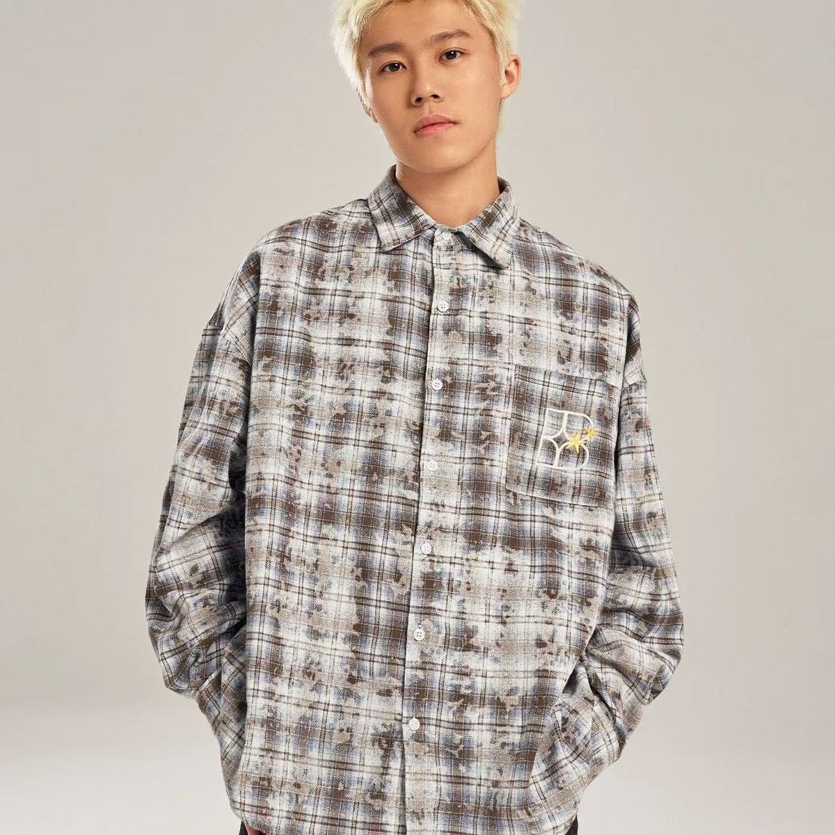 BIPOLAR Retro Floral Letter Embroidered Tie-dye Plaid Shirt