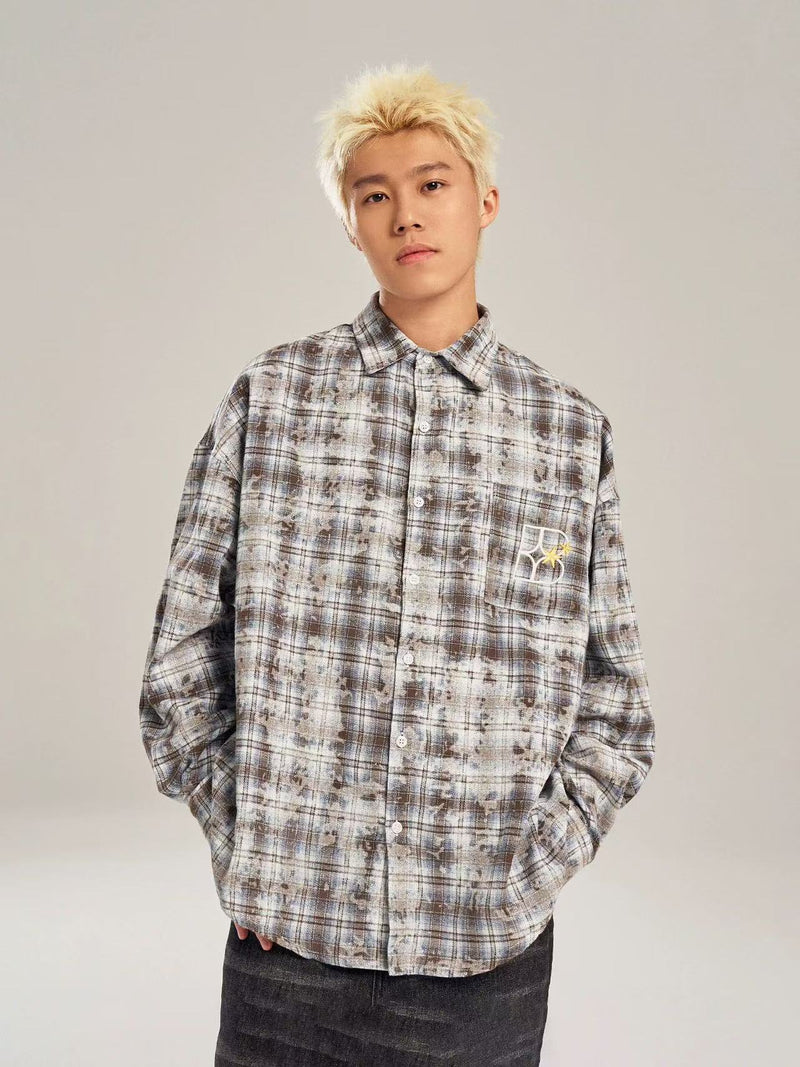 BIPOLAR Retro Floral Letter Embroidered Tie-dye Plaid Shirt