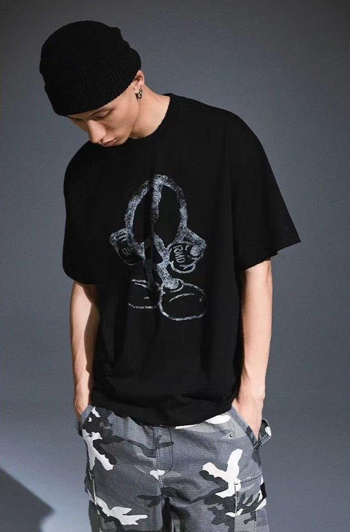 REMEDY Peace Cartoon Print Distressed Short-sleeve T-shirt