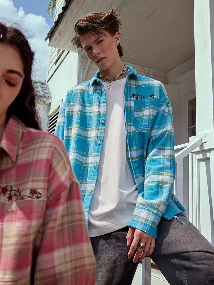 ACHOCK Embroidery Fringe Plaid Long Sleeve Shirt