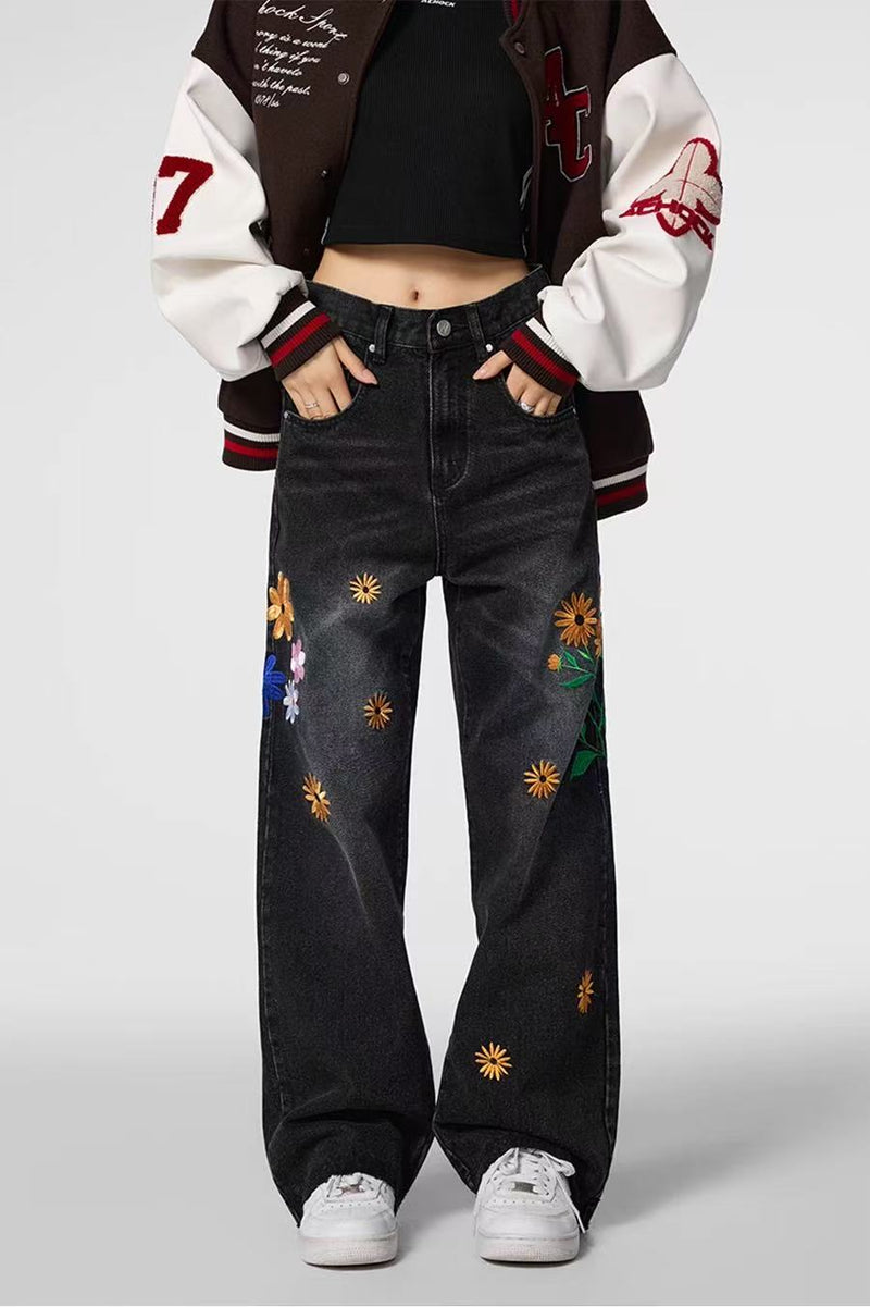 ACHOCK Heavy Wash Floral Embroidered Jeans