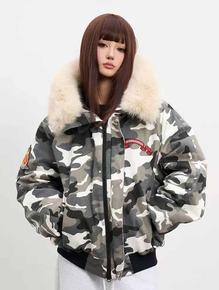 AFGK Camouflage Fur Collar Cotton Jacket