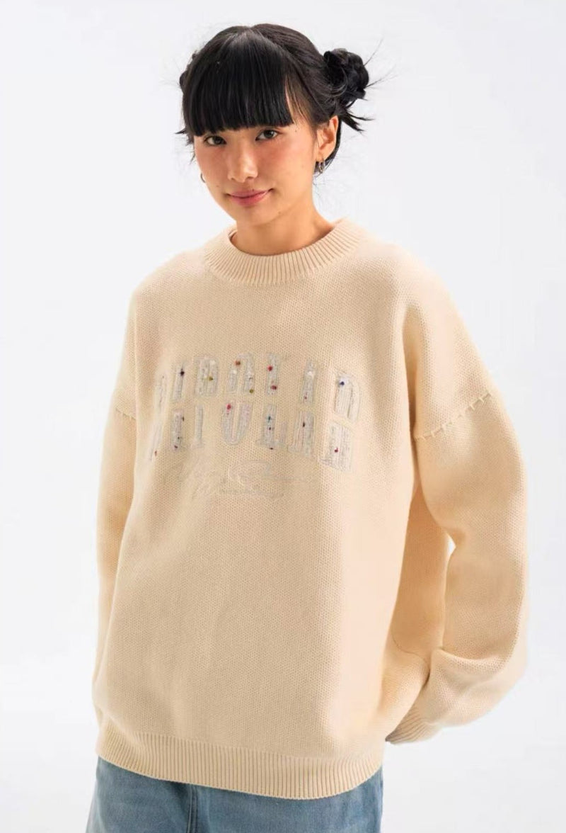 BIPOLAR Patch Embroidered Round Neck Pullover Sweater