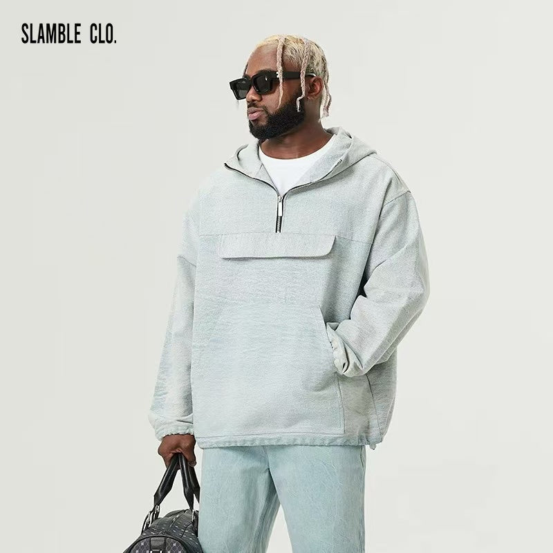 SLAMBLE Washed Half-zip Casual Trendy Hoodie