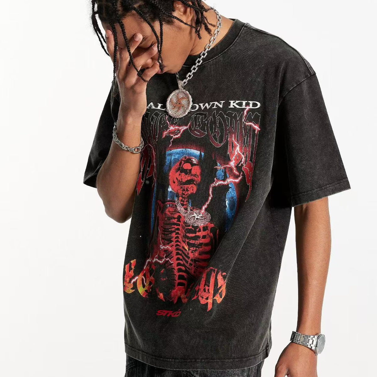 STK Washed Skull Print Crew Neck T-Shirt