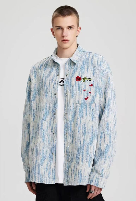 ACHOCK Rose Embroidery Washed Distressed Long-sleeve Shirt