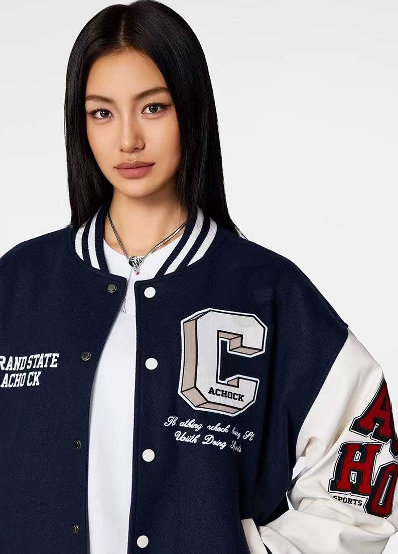 ACHOCK Vintage Embroidery Varsity Jacket