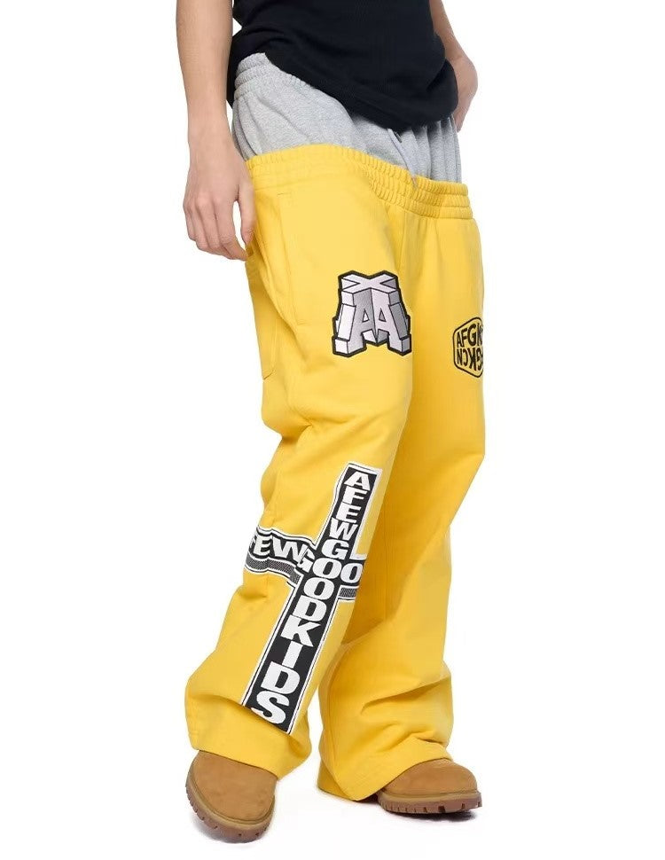 AFGK Fake Two Piece Double Waist Drawstring Bootcut Sweatpants