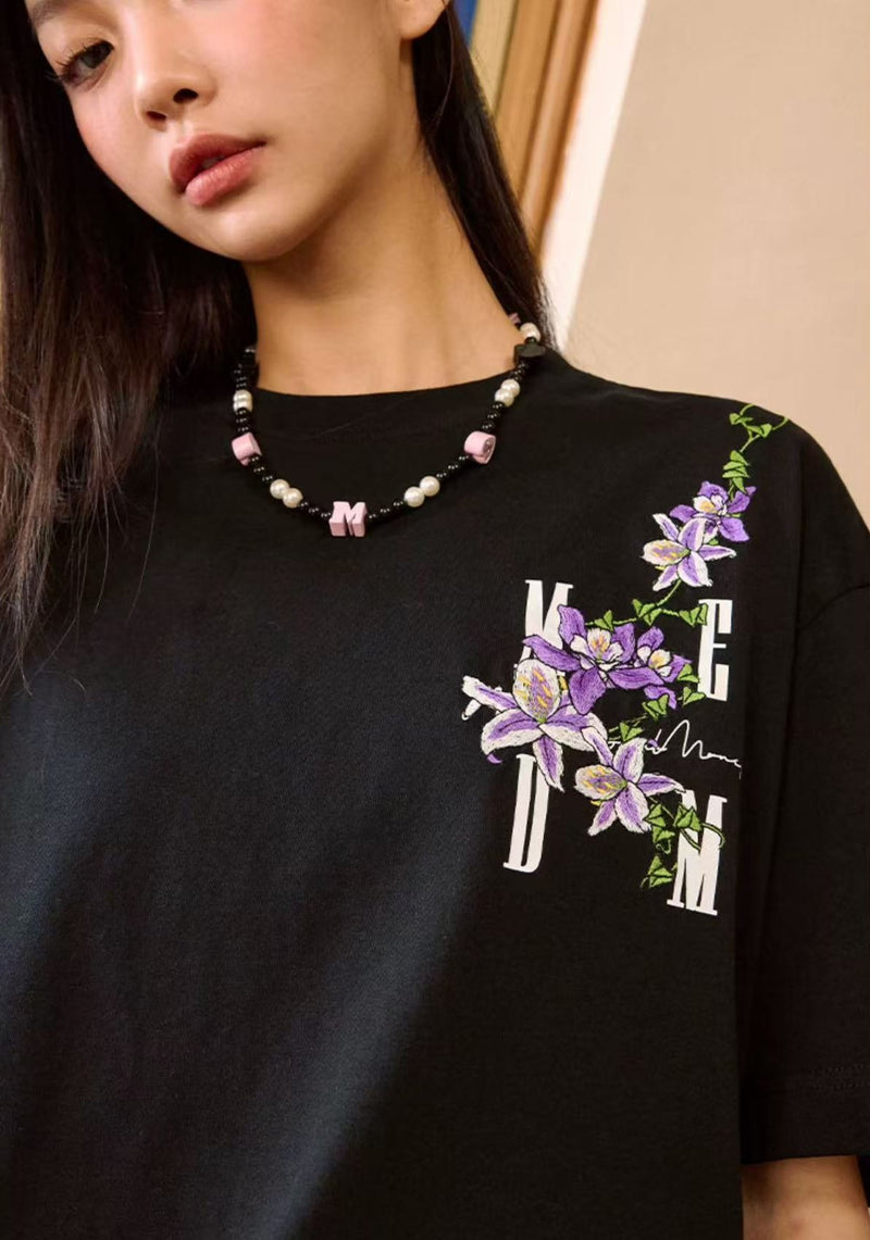 MEDM Vine and Flower Embroidered Short-sleeved T-shirt