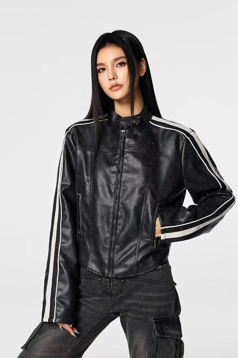 ACHOCK Leather Striped Motorcycle Jacket (For Women)