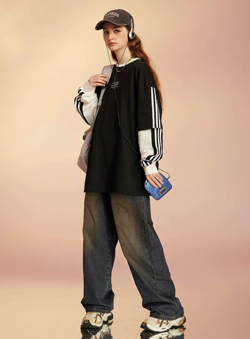 ICONSLAB Striped Webbing Fake Two-piece loose Pullover Crew Neck Sweatshirt