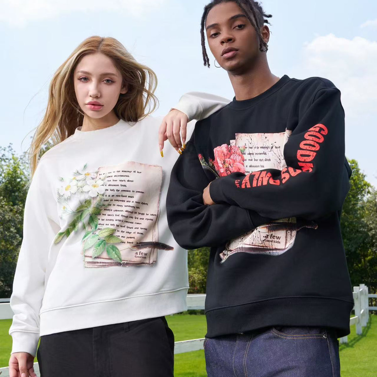 AFGK Flowers and Love Letters Thin Velvet Crew Neck Sweatshirt