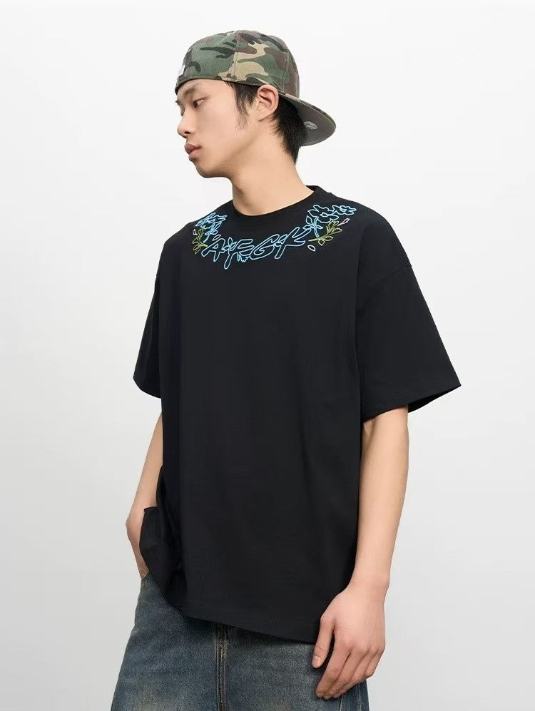 AFGK Floral Necklace Embroidered Short-sleeve T-Shirt