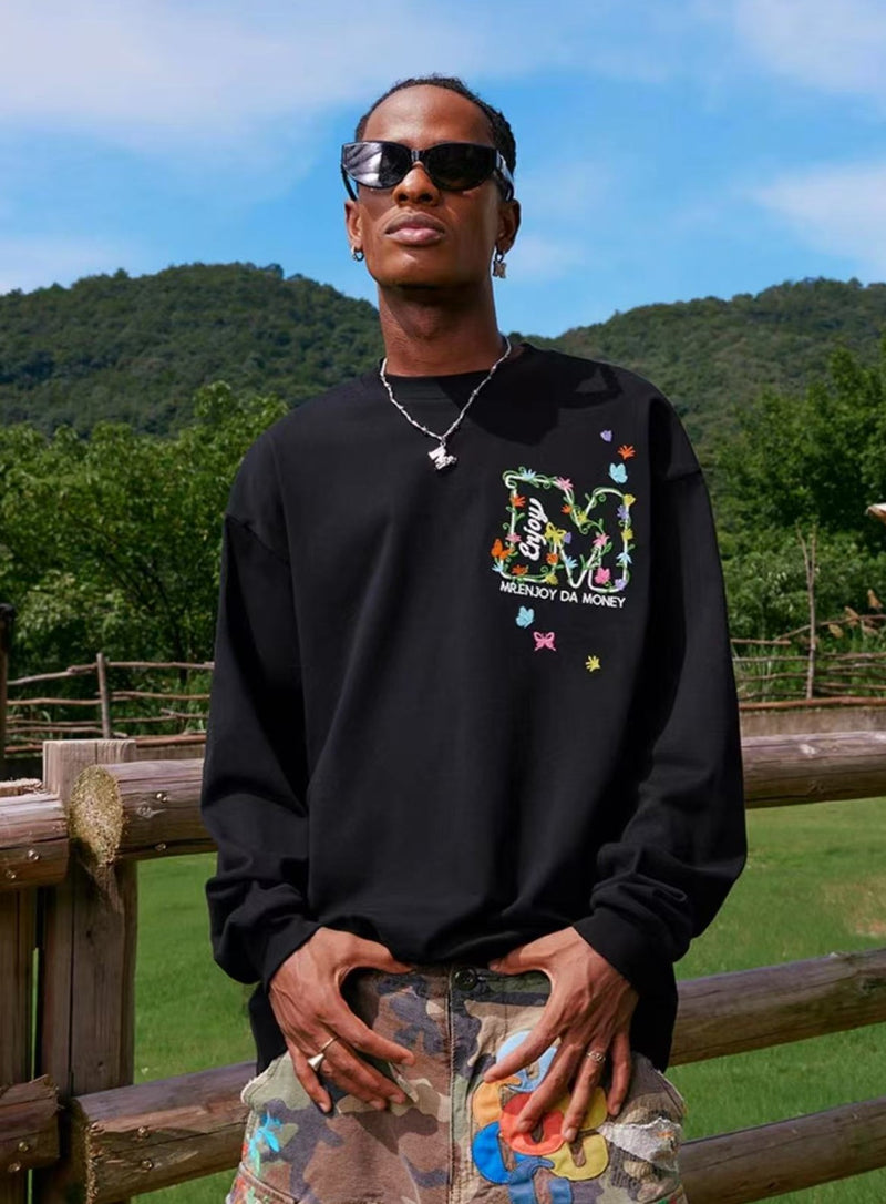 MEDM  Scattered Flower Embroidery Long-sleeved T-shirt