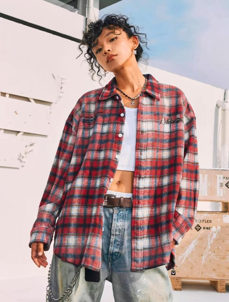 MEDM Washed Distressed Rose and Sword Plaid Long-sleeve Shirt