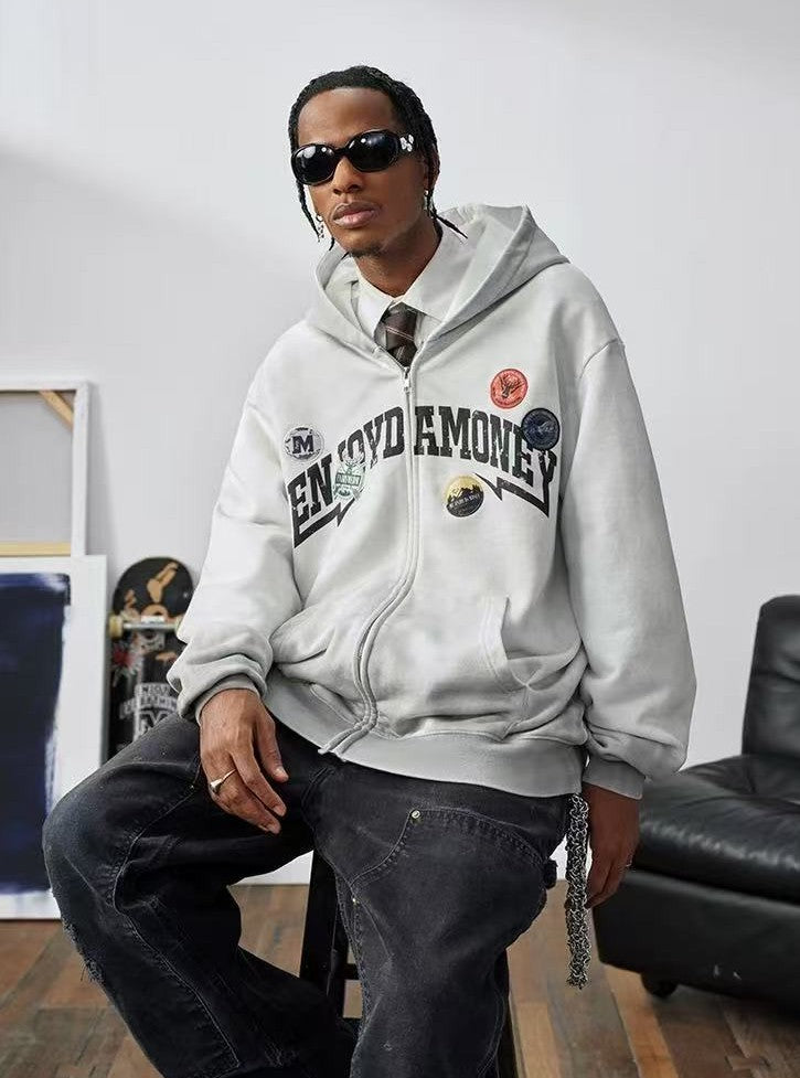 MEDM Hunting Theme Distressed Washed Zipper Hoodie