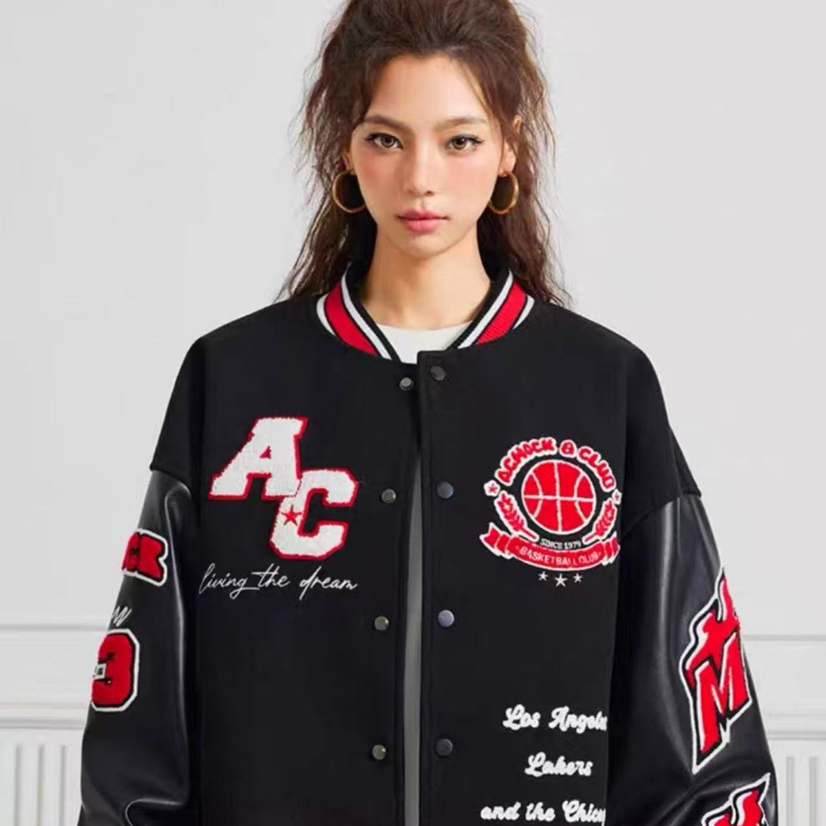 ACHOCK Retro Stitching Flocked Embroidery Varsity Jacket