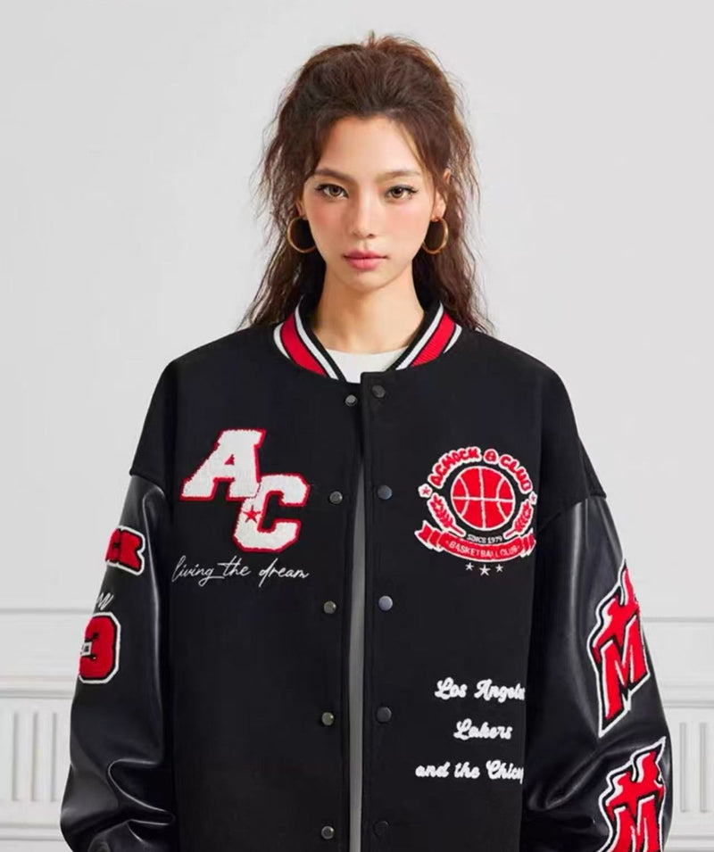 ACHOCK Retro Stitching Flocked Embroidery Varsity Jacket