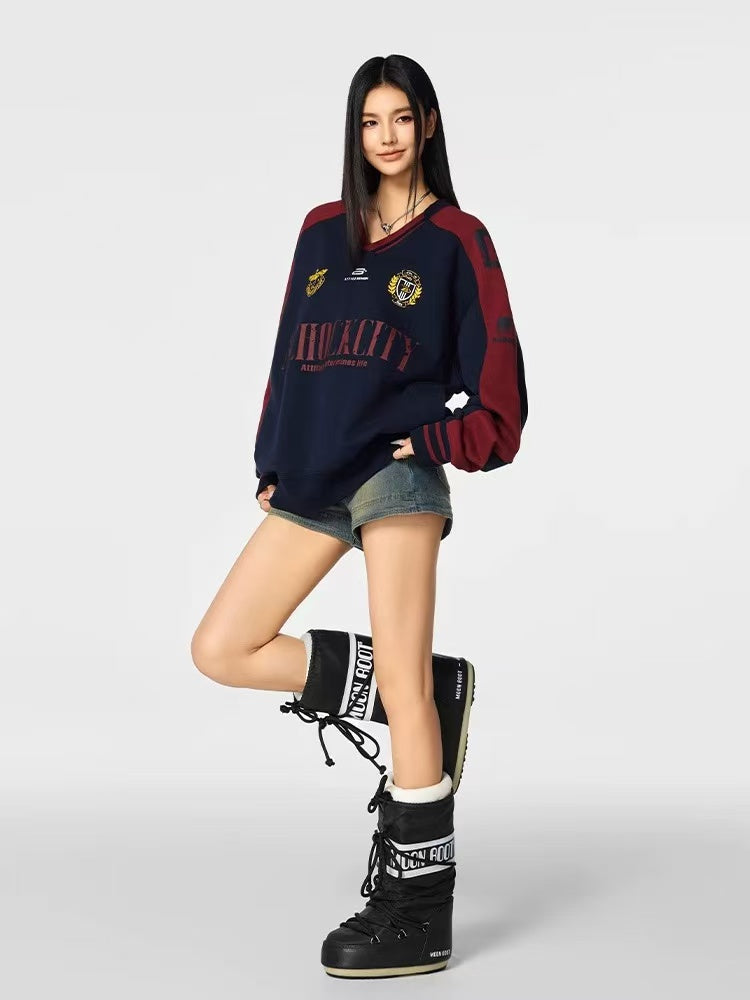 ACHOCK Retro V-neck Logo Design Sweatshirt