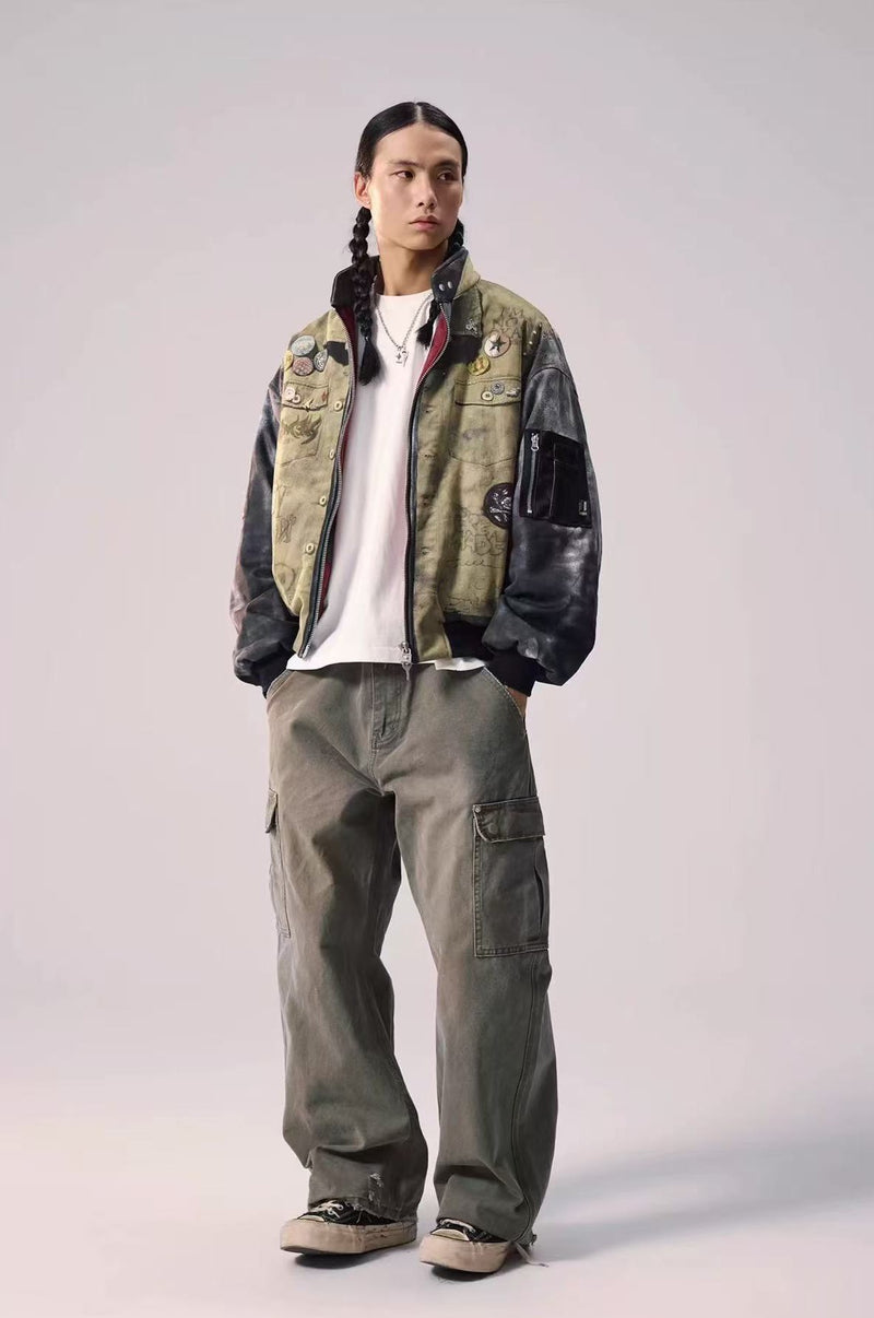 REMEDY Washed Printed Patchwork Bomber Jacket