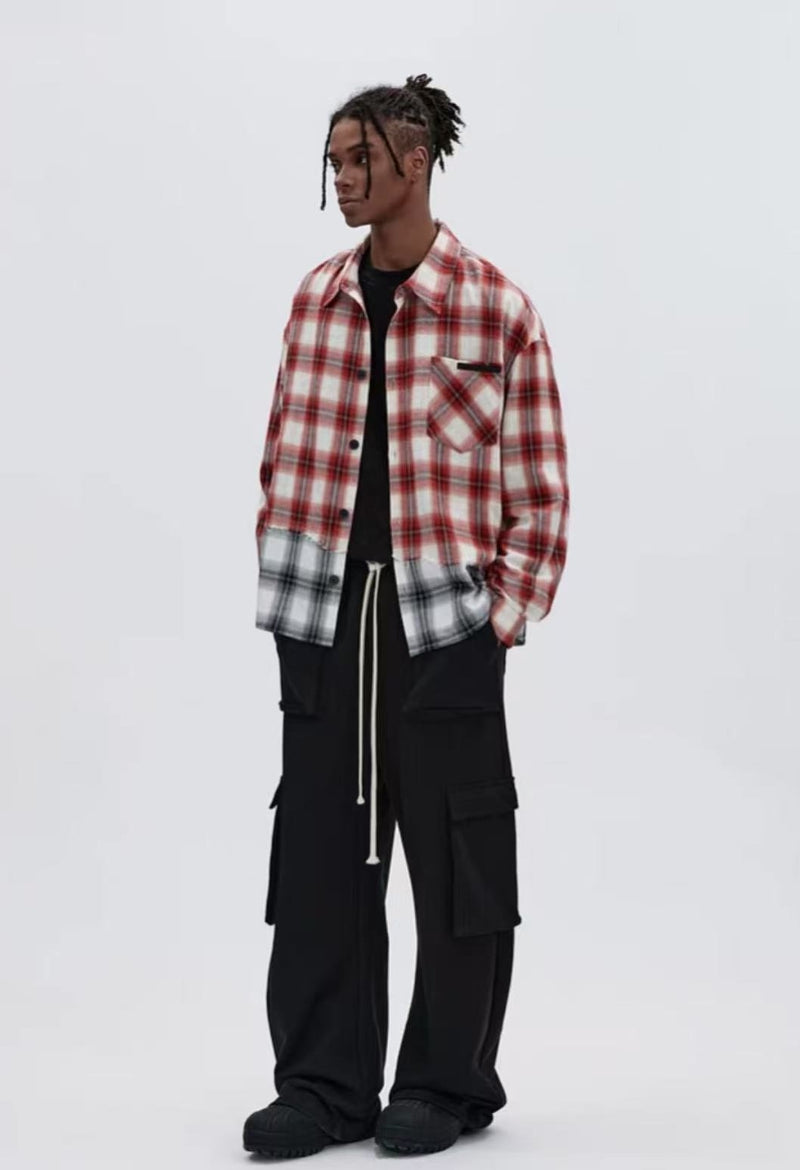 ATRY Plaid Paneled Raw Edge Long-sleeved Shirt