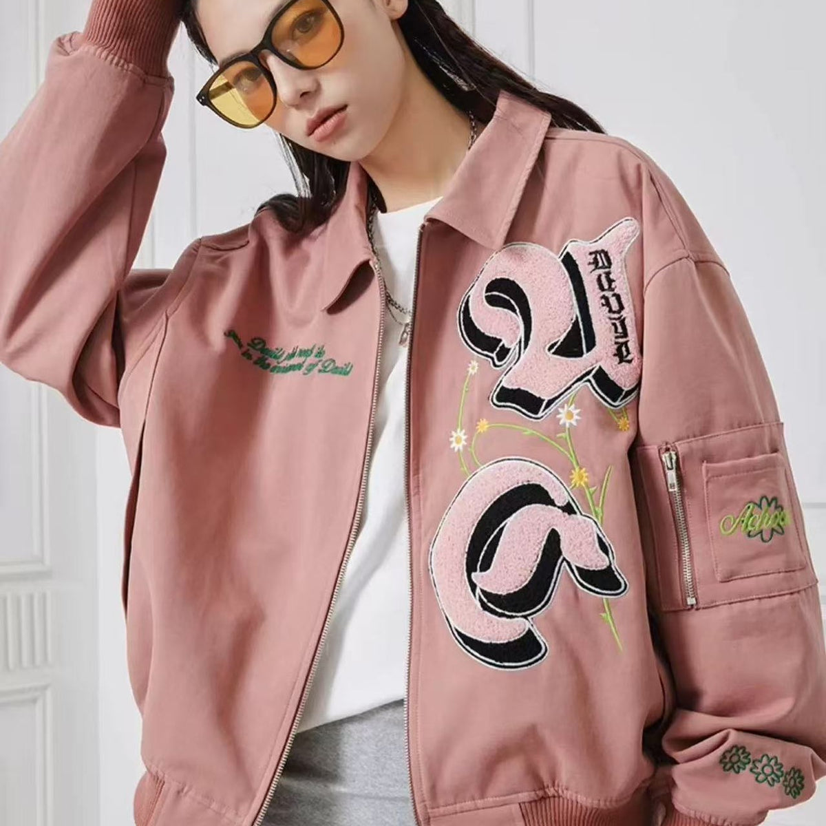 ACHOCK High Street Lettering Flocked Bomber Jacket