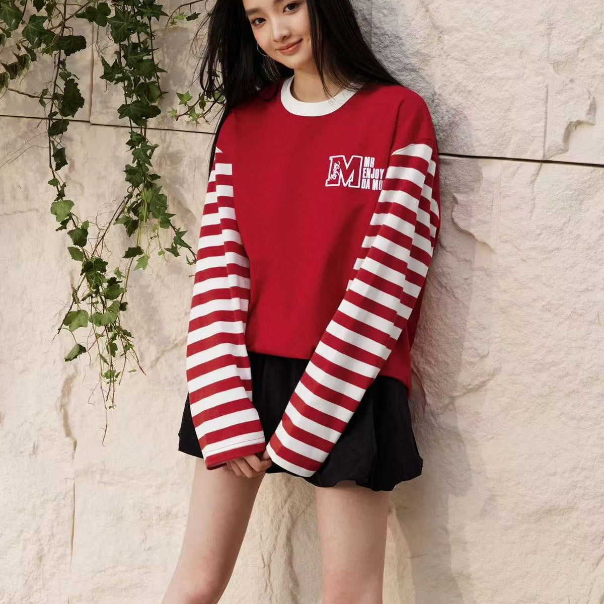 MEDM Contrast Collar Striped Long-sleeve T-Shirt