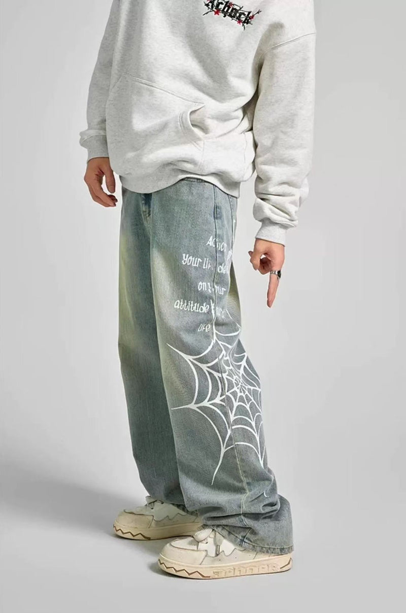 ACHOCK Spiderweb Print Washed Jeans