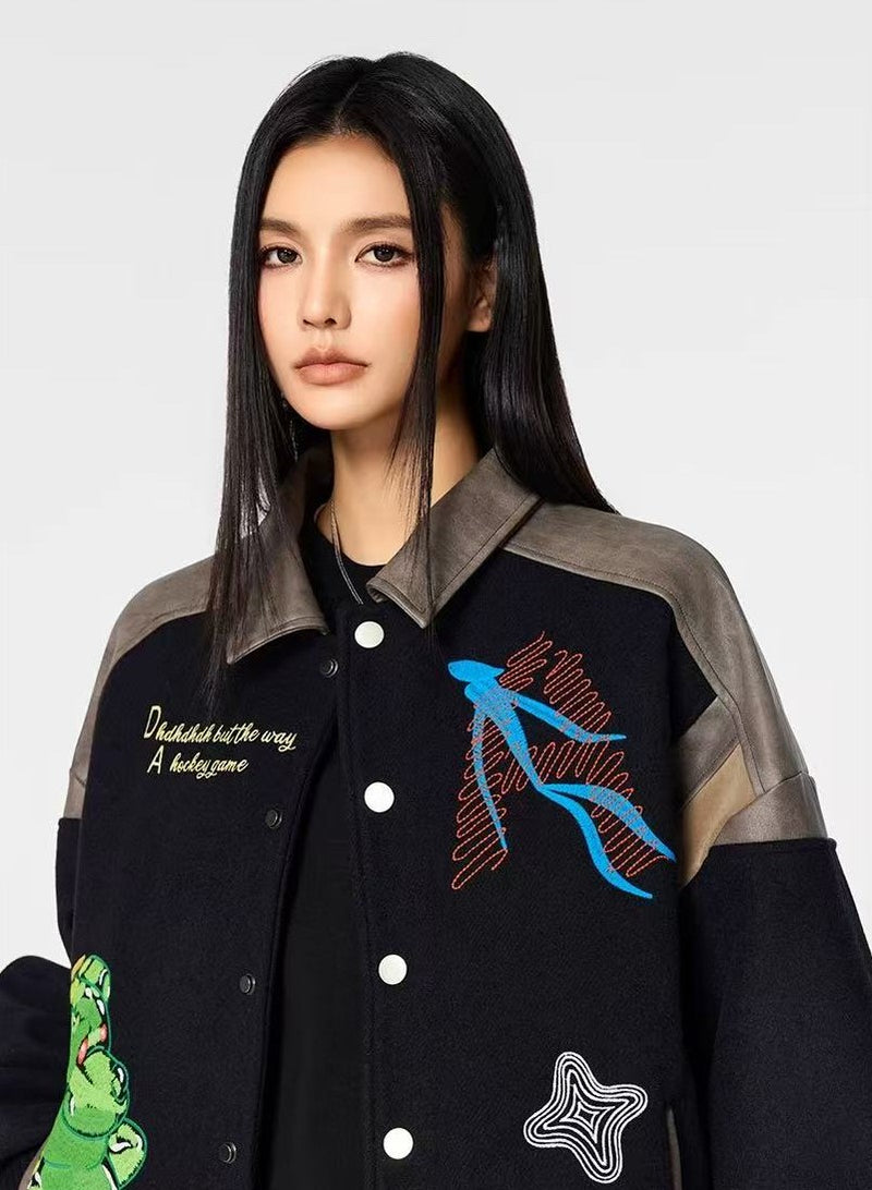ACHOCK Heavy-duty Cartoon Embroidered Baseball Jacket
