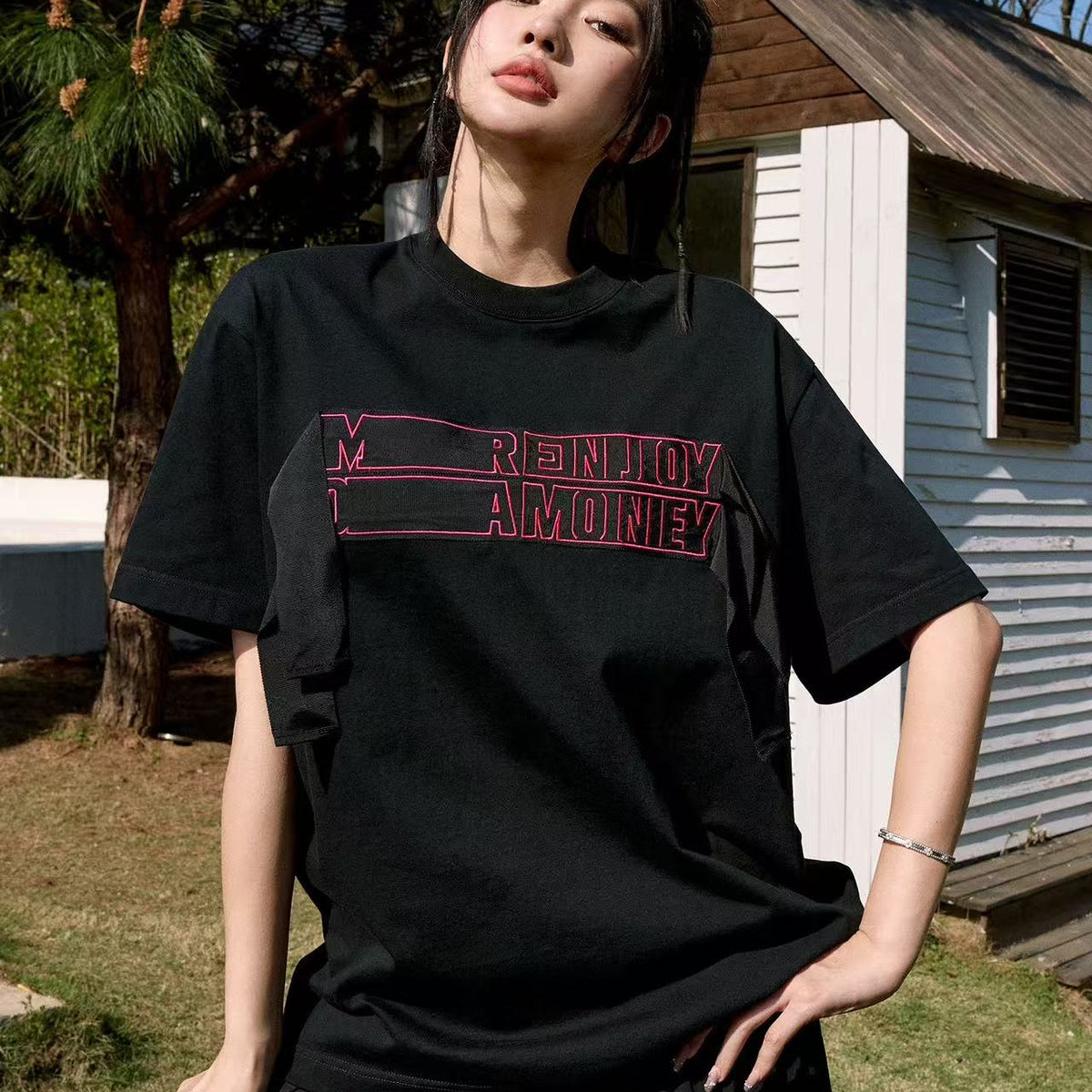 MEDM Webbing Embroidered Letter Short-sleeves T-shirt