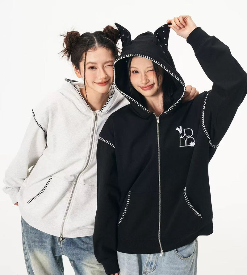 BIPOLAR Dog Ear Patch Zipper Hoodie