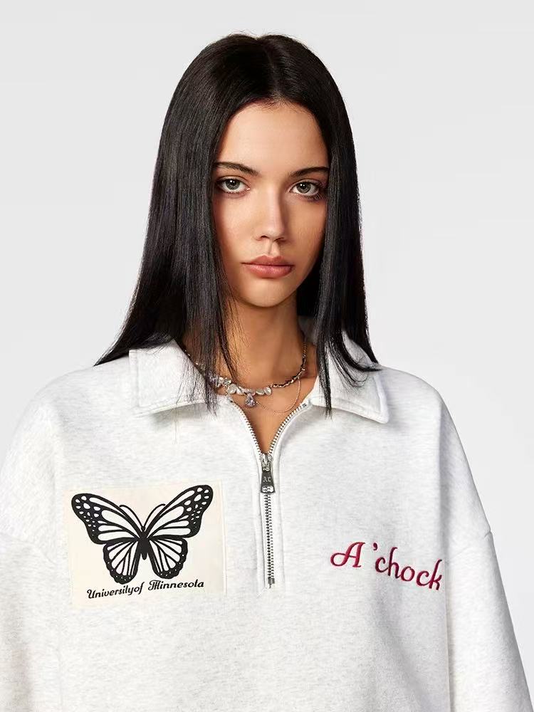 ACHOCK Heavy Butterfly Patch Embroidered Zipper Sweatshirt