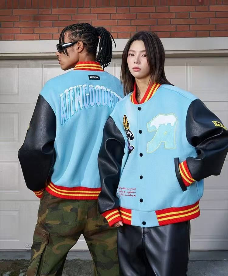 AFGK Snowy Terry Embroidered Contrasting Color Baseball Jacket