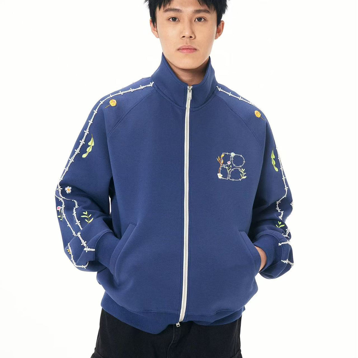 BIPOLAR Floral Embroidered Zipper Sweatshirt