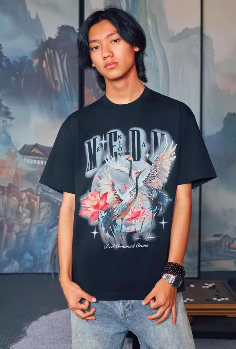 MEDM White Ink Crane Printed Short-sleeve T-shirt