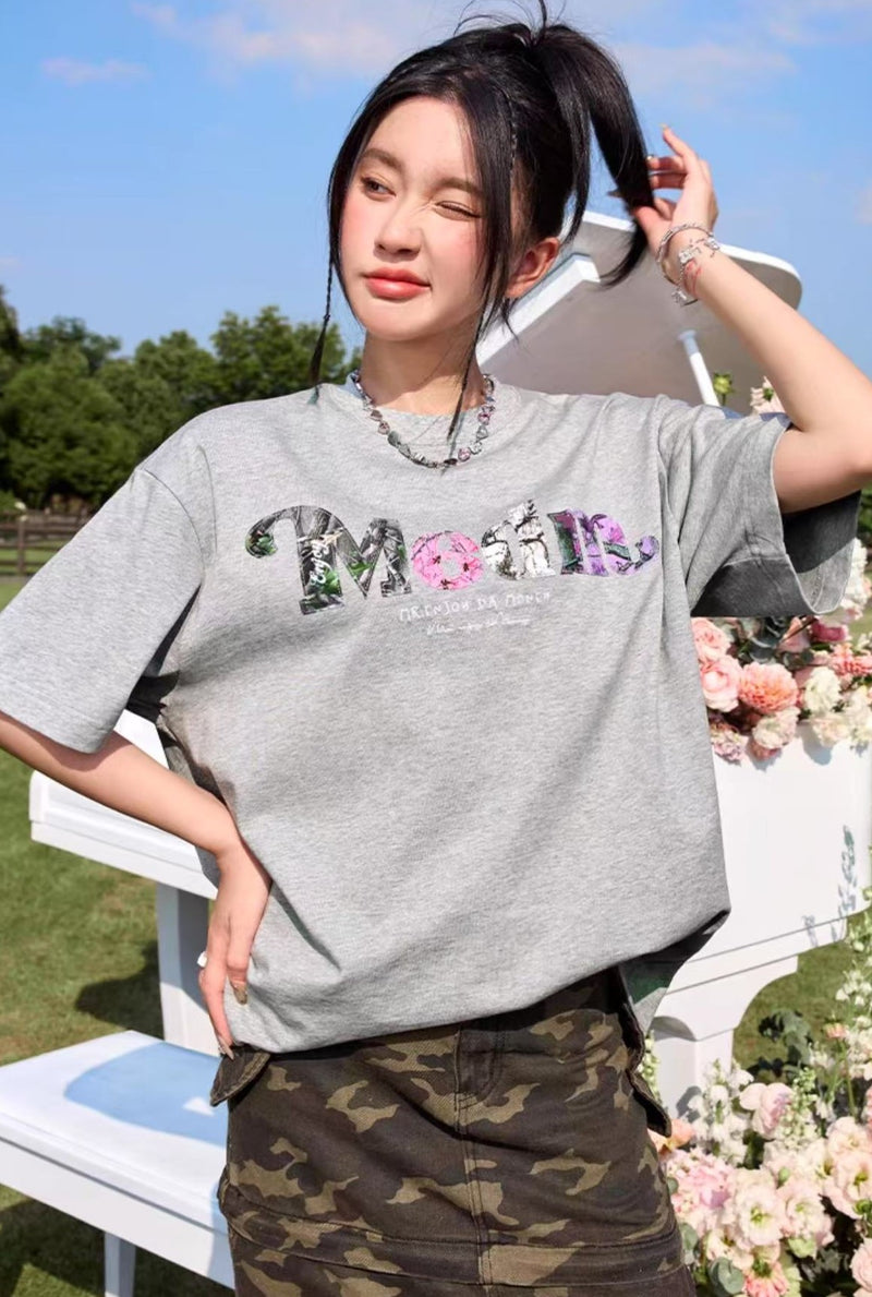 MEDM Floral Fruit Branch Padded Patch Embroidered Short-sleeved T-shirt