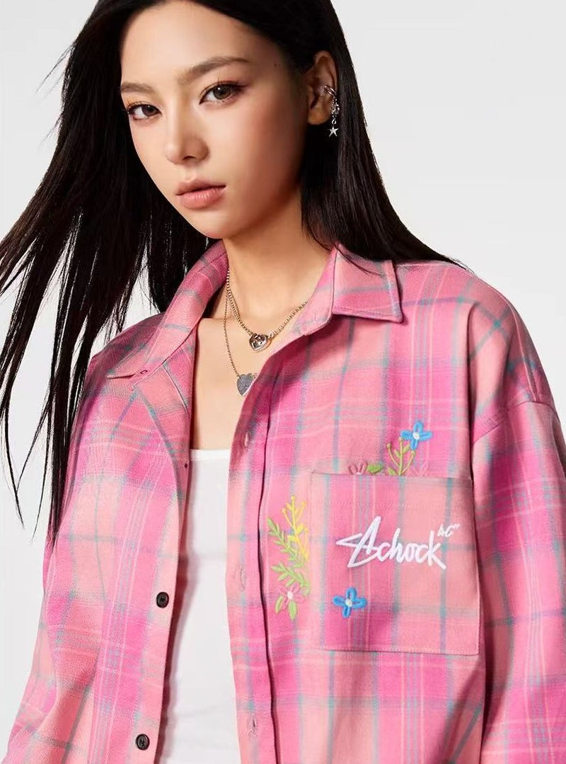 ACHOCK Vintage Floral Embroidered Plaid Long-sleeve Shirt