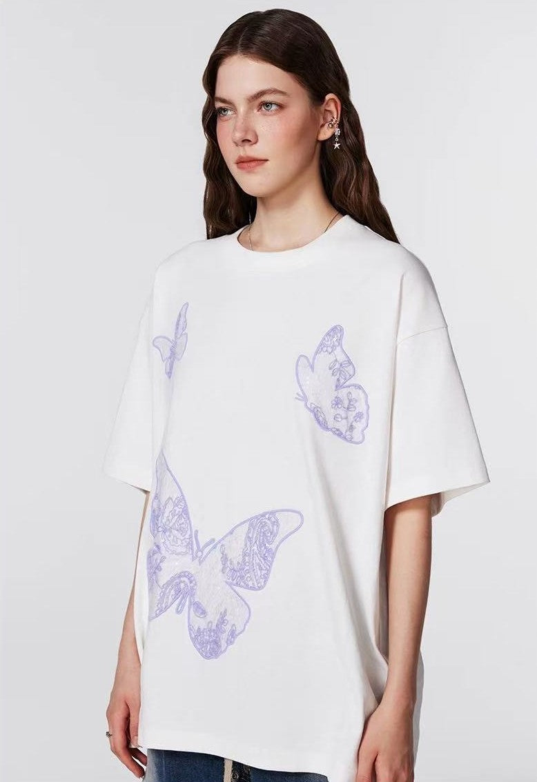 ACHOCK Butterfly Embroidered Crew Neck Short Sleeves Tee
