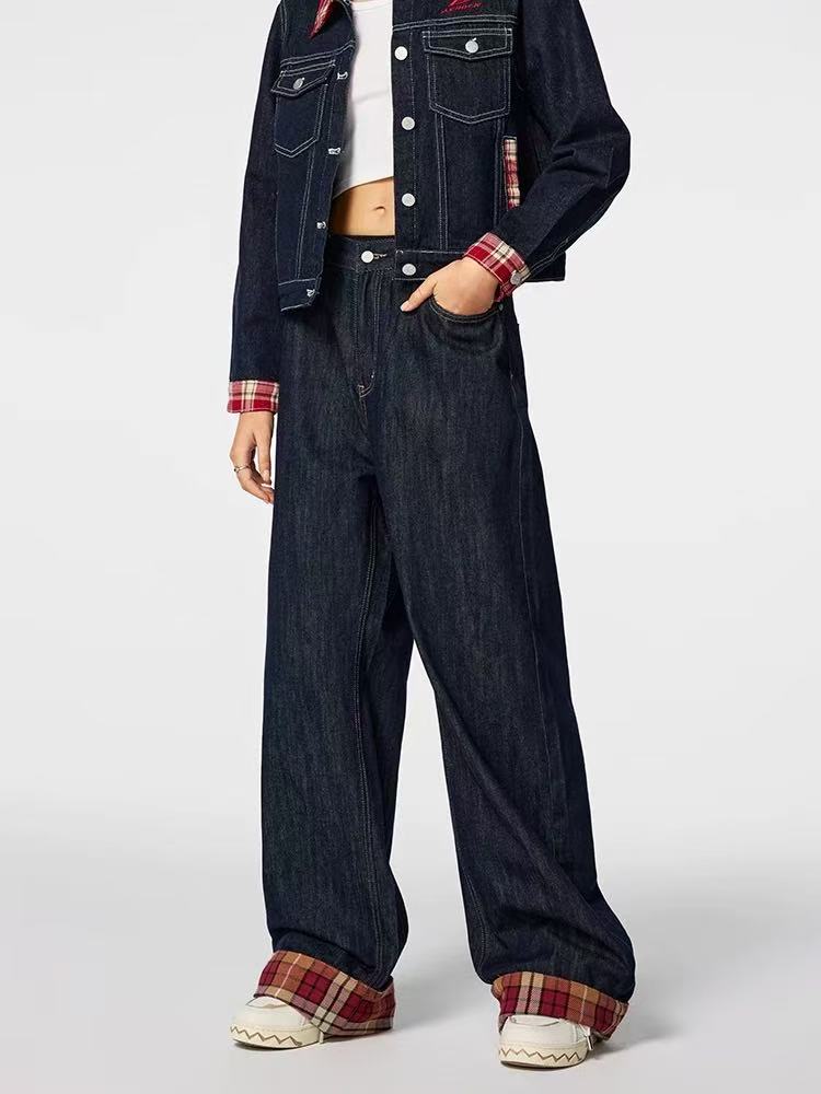 ACHOCK Plaid Patchwork Design Denim Jeans